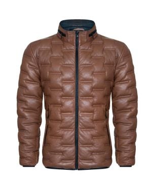 Infinity Leather Puffer Quilted Bomber Jacket - Brown