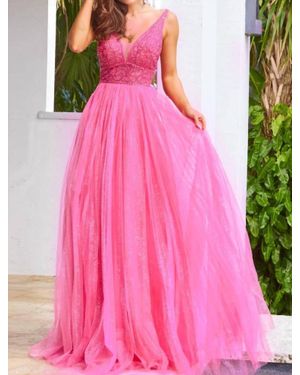 Jovani Embellished Deep V Neck A-Line Gown - Pink