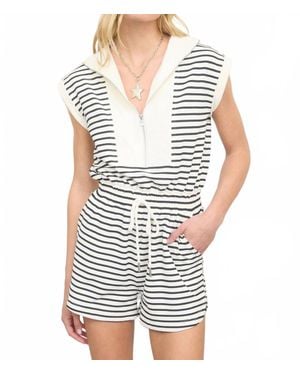 JOA Stripe Zip-Front Drawstring Knit Romper - White