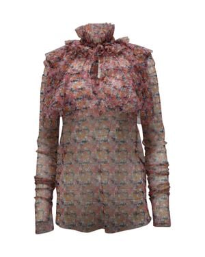PHILOSOPHY BY LORENZO SERAFINI Floral Ruffle Collar Silk Blouse - Brown