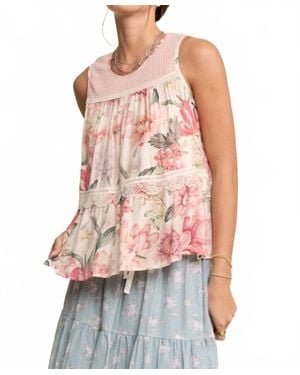 Davi & Dani Floral Printed Lace Detail Babydoll Top - Red