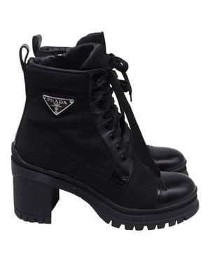 Prada Re-Nylon Metal Triangle Lace Up Ankle Boots - Black