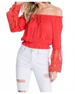 Davi & Dani Off Shoulder With Sheer Lace Detailed Bell Sleeves Top - Red