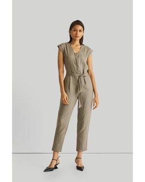 REISTOR Olive V-Neck Jumpsuit with Straight Legs - Metallic