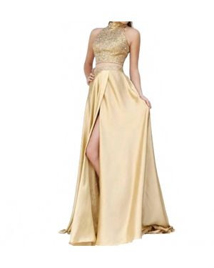 Sherri Hill Two Piece Beaded Halter High Slit Gown - Natural
