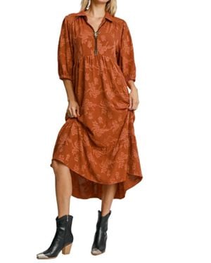 Umgee Floral Burnout Textured Midi Dress - Orange