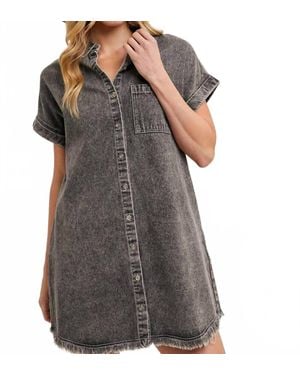 Bluivy Denim Shirt Dress With Frayed Hem And Cuffed Sleeves - Gray