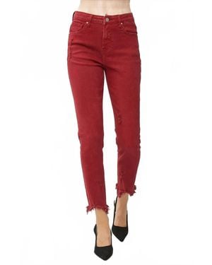 Risen High Rise Fray Hem Skinny Jeans - Red