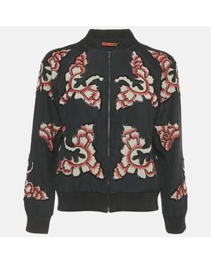 Alice + Olivia Embellished Silk Zip-Up Bomber Jacket - Black