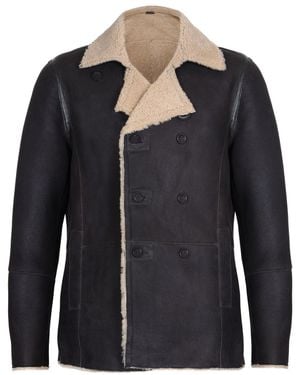 Infinity Leather Double Breasted Shearling Sheepskin Pea Coat-Valencia - Black