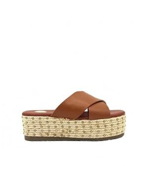 Exe' Cross-Strap Espadrille Platform Slides - Brown
