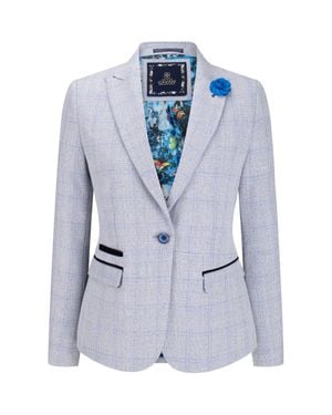 Oliver Tweed Infinity Leather Check Blazer Wool Blend Herringbone Tweed - Blue