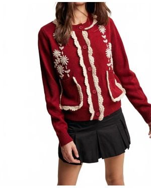 Listicle Daisy Embroidered Trim Cardigan Sweater