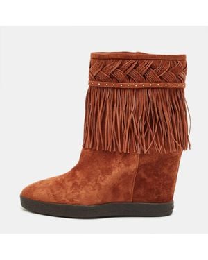 Le Silla Suede Fringe Wedge Ankle Boots - Brown