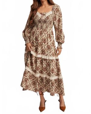 Listicle Victorian Floral Smocked Bodice Maxi Dress - Brown