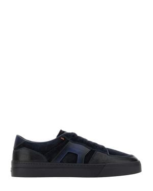Santoni Low-Top Leather Suede Rubber Sole Sneakers - Blue