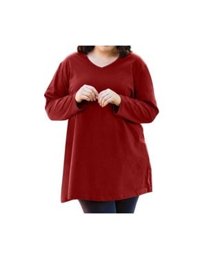 On The Plus Side Jersey V-Neck Long Sleeve Tunic - Red