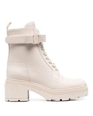 Ferragamo Lober Leather Lace-Up Front Ankle Boots - Natural