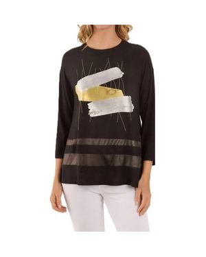 Lemon Grass Abstract Three-Quarter Sleeves Top - Black