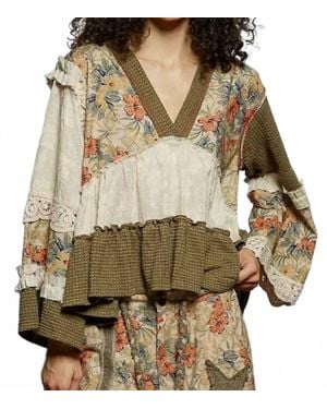 Pol Earth-Toned Patchwork Peasant Top - Natural