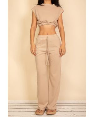 TRUEDAMES Elastic Hem Crop Top & Wide Leg Pants Set With Faux Drawstring - Natural