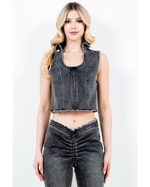 TRUEDAMES American Bazi Zip Up Washed Crop Denim Vest - Blue