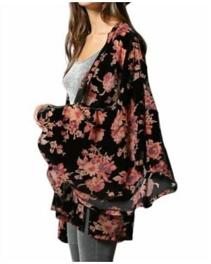 By Together Ruffled Detailed Floral Velvet Burnout Kimono - Black
