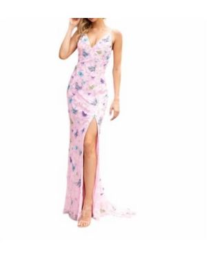 Primavera V-Neck Beaded Butterfly Prom Gown - White