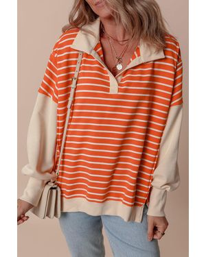 TRUEDAMES Stripe Color Block Loose Fit Collared Drop Shoulder Sweatshirt - Orange