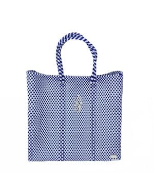 Lolas Bag Handmade Checkered Shoulder Strap Tote Bag - Blue