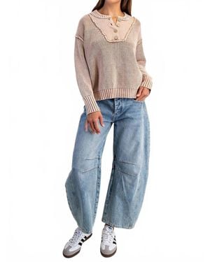 Eesome Half Button Front Long Sleeve Knit Pullover - Blue