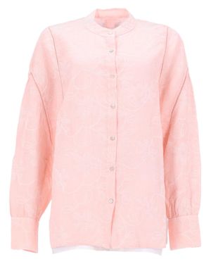 120% Lino Mandarin Collar Floral Jacquard Blouse - Pink