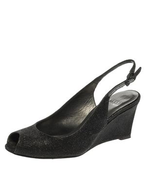 Stuart Weitzman Glitter Fabric Slingback Wedge Sandals - Black