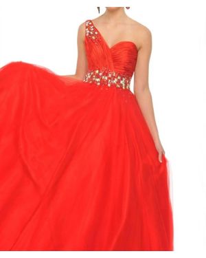 Precious Formals Jeweled One Shoulder Ball Gown - Red