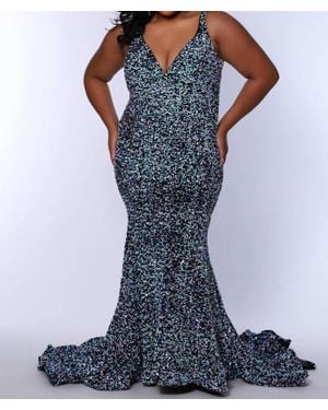 Sydney's Closet V-Neck Velvet Sequin Evening Dress - Blue