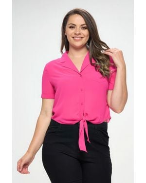 TRUEDAMES Plus Solid Chiffon Button Down Tie Front Short Sleeve Top - Pink