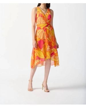 Joseph Ribkoff Tropical Print Faux Wrap Print Midi Dress - Orange