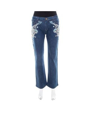 Roberto Cavalli Crystal Embellished Denim Wide Leg Jeans - Blue