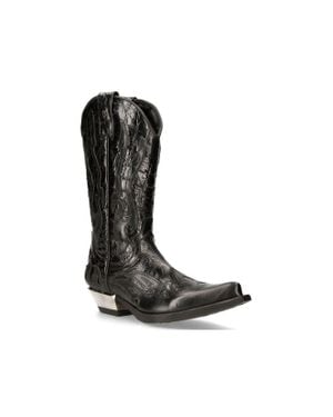 New Rock Flame Accented Leather Biker Cowboy Boots- M-7921-S1 - Black