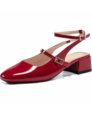 Coutgo Mary Jane Chunky Low Heel Shoes - Red