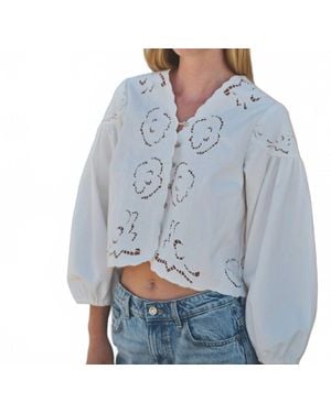 Aaron & Amber Denim Embroidey Volume Sleeve Blouse Top - Blue