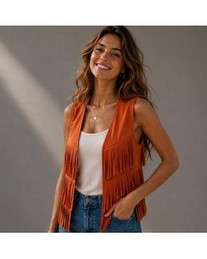 TRUEDAMES Western Layered Fringe Tassel Poncho Vest - Brown