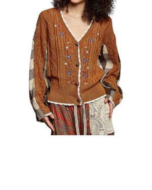 Pol V-Neck Embroidered Cardigan - Brown