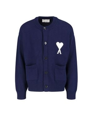 Ami Paris Ami De Coeur Round Neck Cardigan - Blue