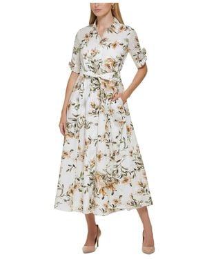 Calvin Klein Shirt Dress Floral Tie Waist Short Sleeve Buu809 - White