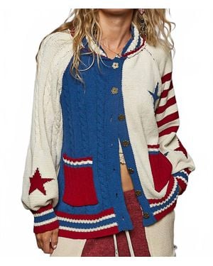 Pol Collar Neck Striped Star Chenille Sweater Cardigan Top - Blue