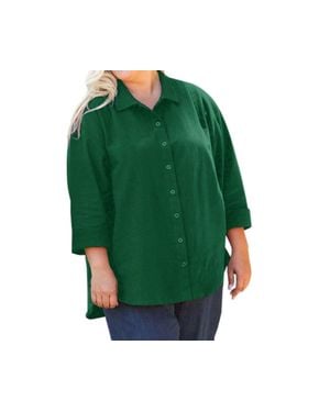 On The Plus Side 3/4 Sleeve Crinkle Cotton Long Sleeve Button Up - Green
