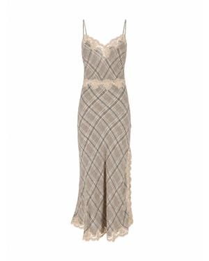 Ermanno Scervino Fitted Lace Trim Plaid Pattern Midi Dress - Natural