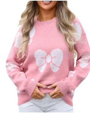 Main Strip Crew Neck Bow Printed Sweater - Pink