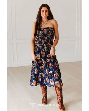 Lucky & Blessed Retro Rodeo Print Smocked Strapless Western Midi Dress - Blue